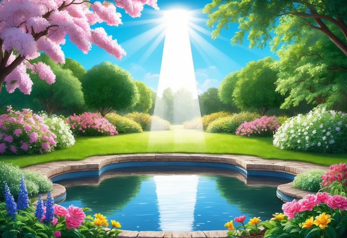 A serene garden with blooming flowers and a beam of light shining down from the sky onto a peaceful pond