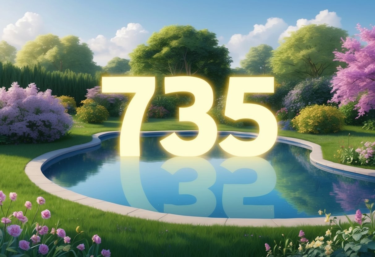 A serene garden with a glistening pond, surrounded by blooming flowers and a clear sky, with a subtle glow of the number 735 subtly integrated into the natural elements