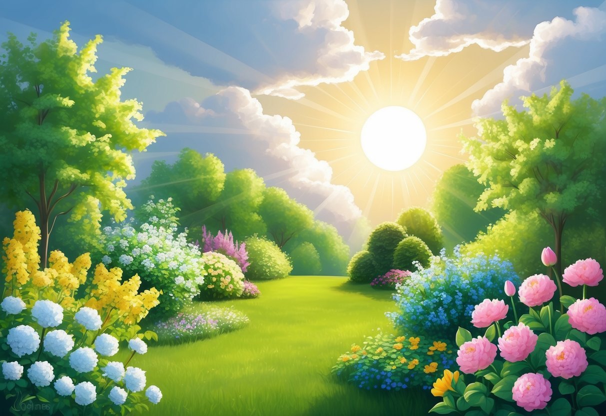 A serene garden with blooming flowers, a gentle breeze, and a radiant sun shining through the clouds, casting a warm and peaceful glow over the scene