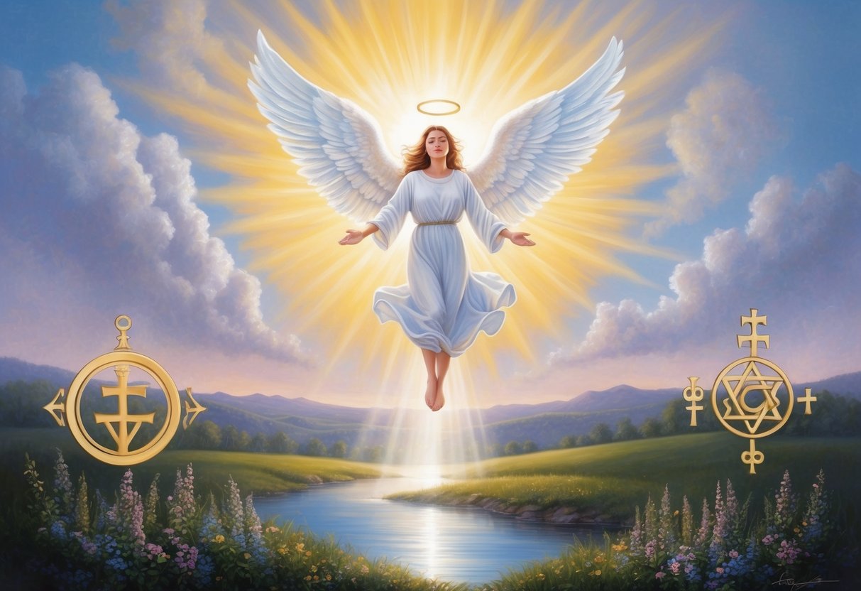 A radiant angelic figure hovers above a serene landscape, surrounded by symbols of spiritual significance