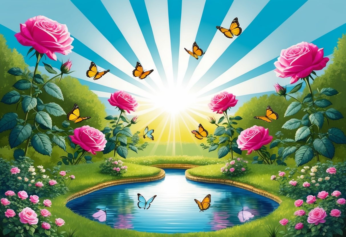 A serene garden with six blooming roses, six butterflies, and six rays of sunlight shining down on a peaceful pond