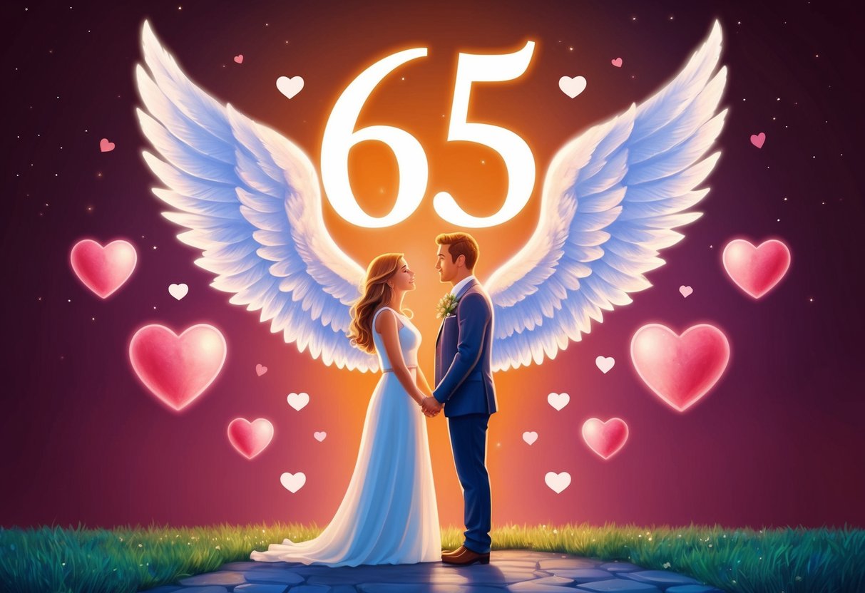 A couple stands beneath a glowing 655 angel number, surrounded by hearts and symbols of love and guidance