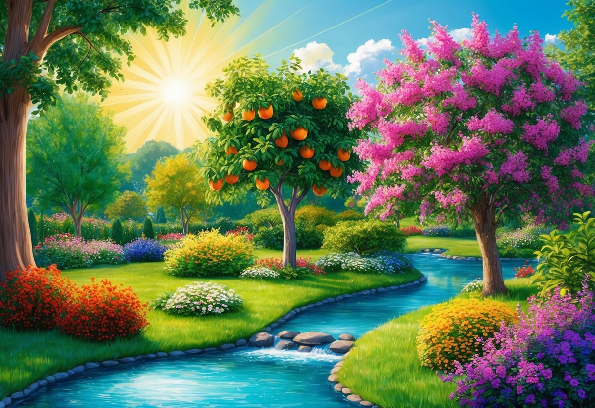 A lush garden with blooming flowers, ripe fruit trees, and a clear, flowing stream under a radiant sun