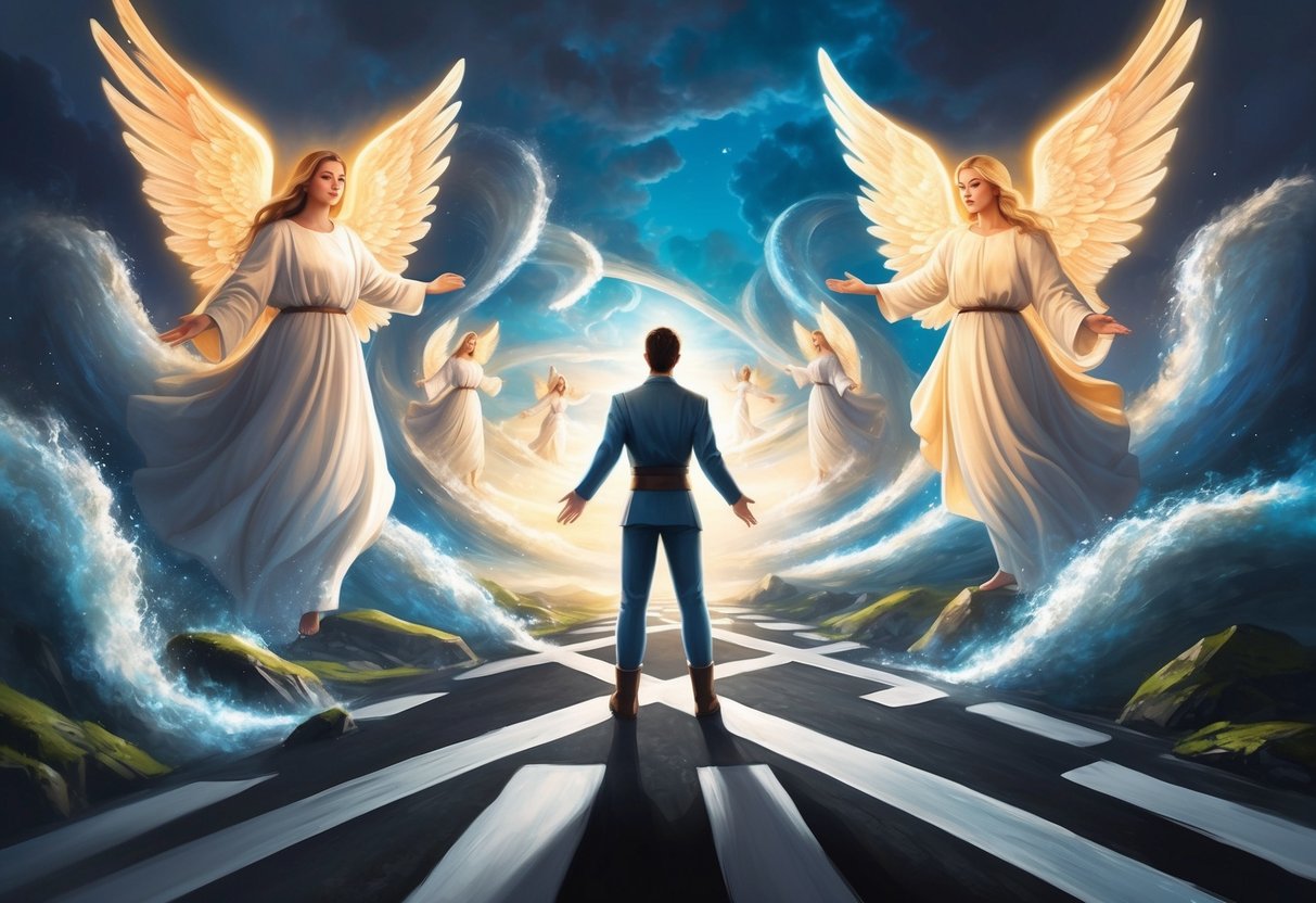 A figure stands at a crossroads, surrounded by swirling winds and glowing angelic figures, guiding them through the path ahead