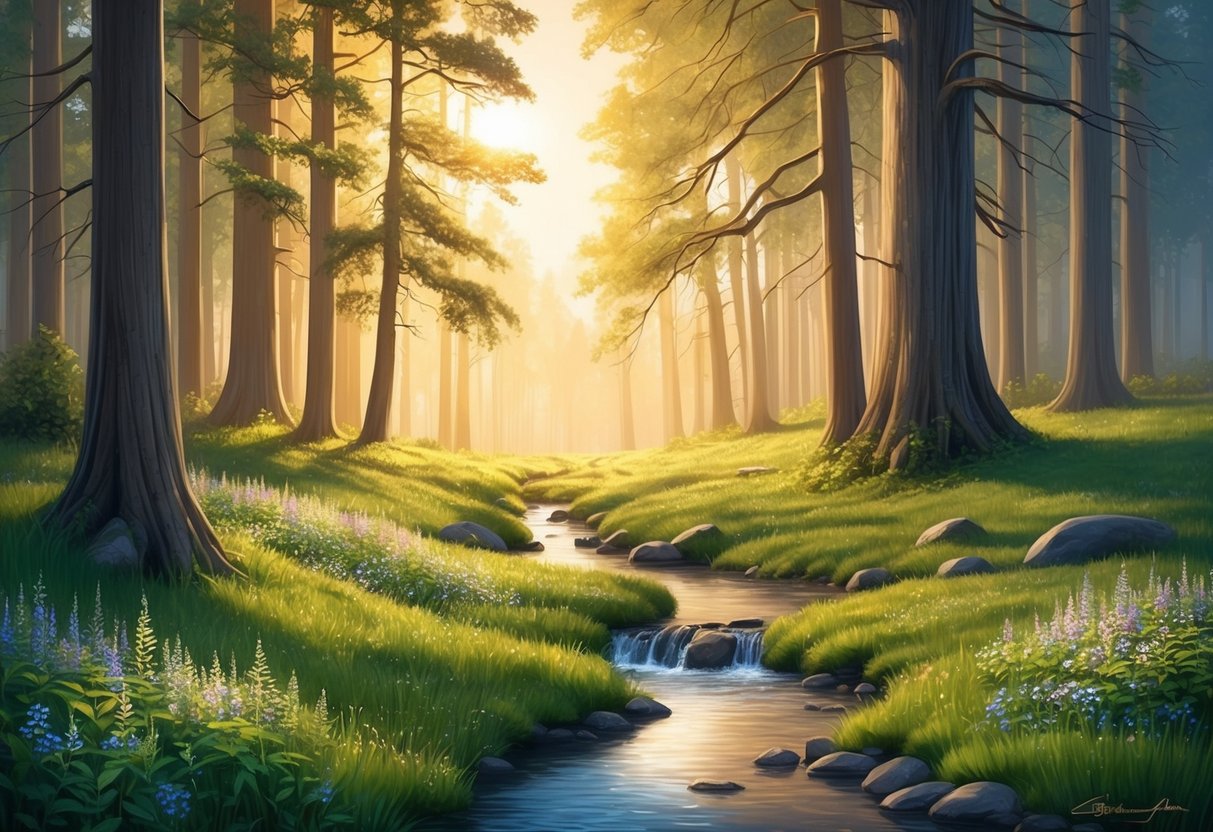 A serene forest clearing, bathed in golden sunlight with a stream flowing through, surrounded by blooming wildflowers and tall, majestic trees