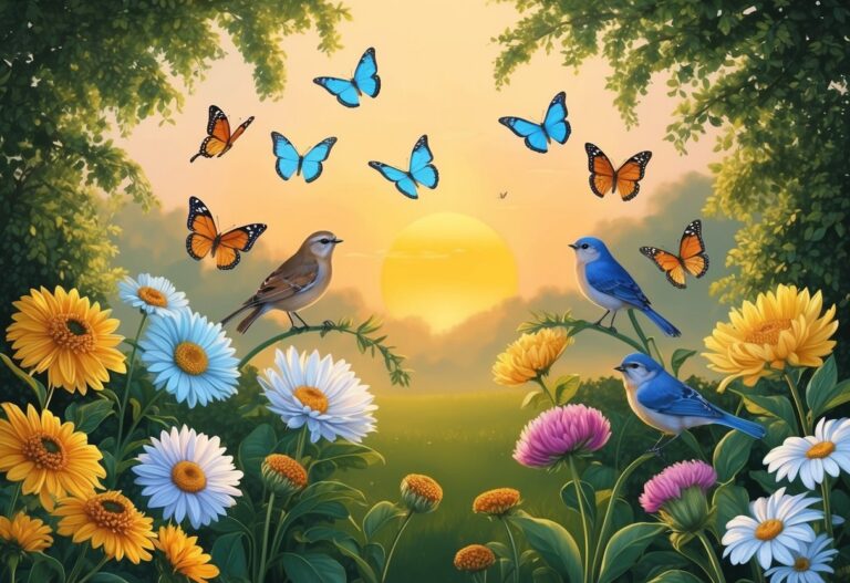 Birds, butterflies, and flowers in a sunny meadow scene