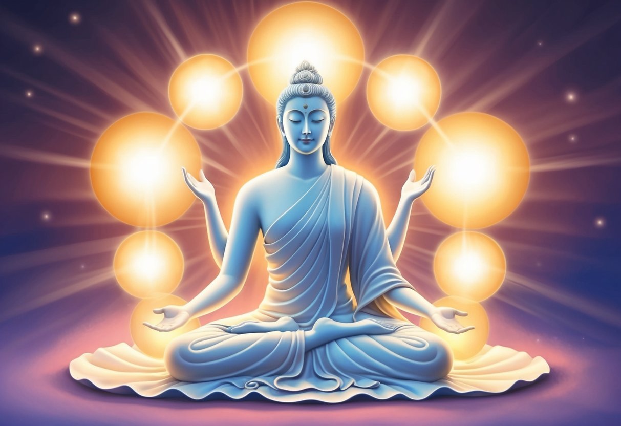 A serene figure surrounded by glowing orbs, radiating a sense of protection and guidance