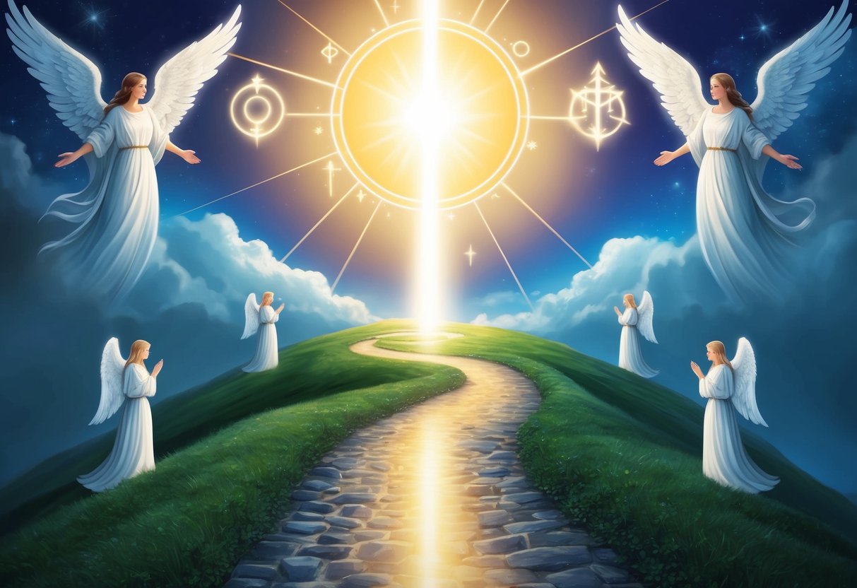 A beam of light shines down onto a winding path, leading towards a glowing portal surrounded by celestial symbols and angelic figures