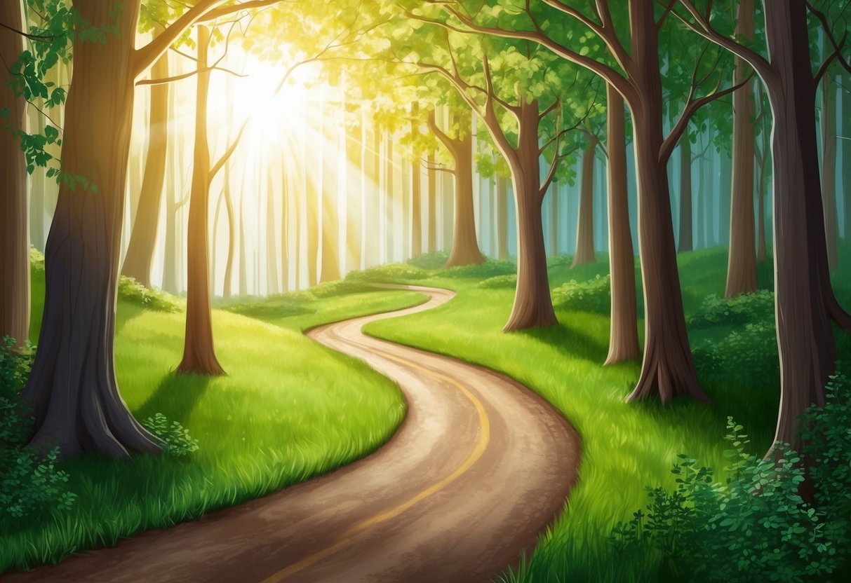 A winding path leads through a forest, sunlight breaking through the trees, symbolizing change and progress