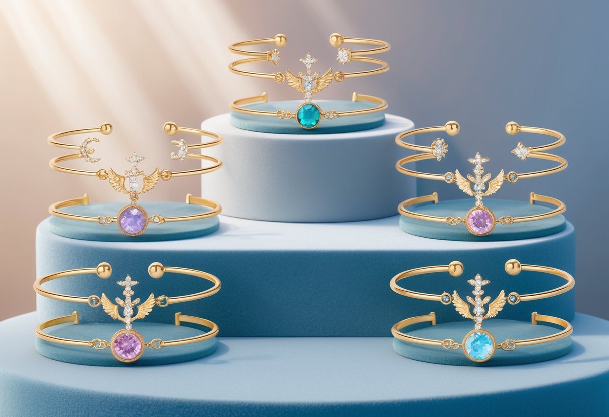 A celestial bracelet collection displayed on a velvet pedestal under soft, ethereal lighting.</p><p>Each bracelet features intricate angelic symbols and delicate gemstones