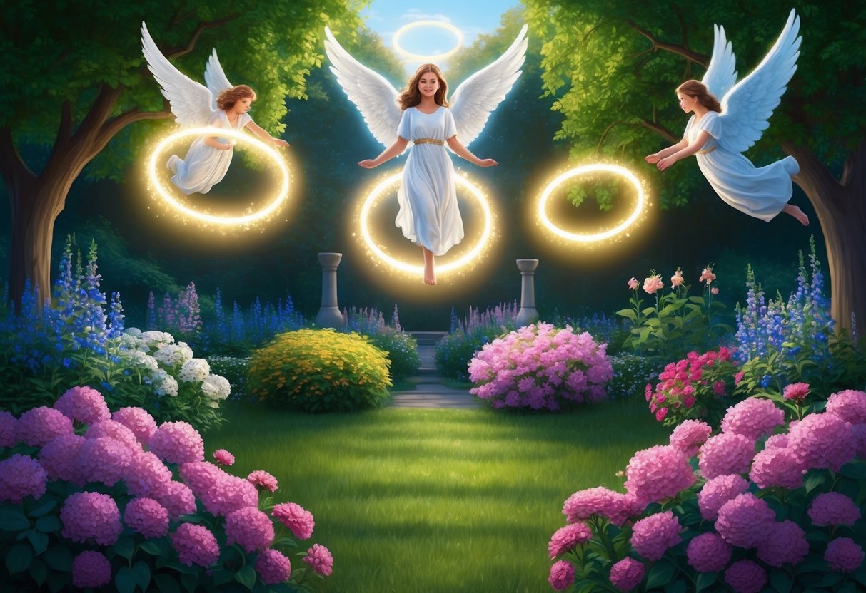 A serene garden with glowing angel rings floating above blooming flowers