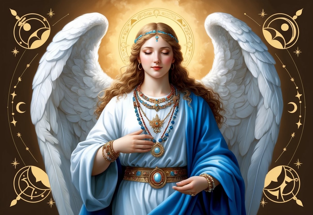 A serene angelic figure adorned with jewelry from various cultures, surrounded by celestial motifs and symbols