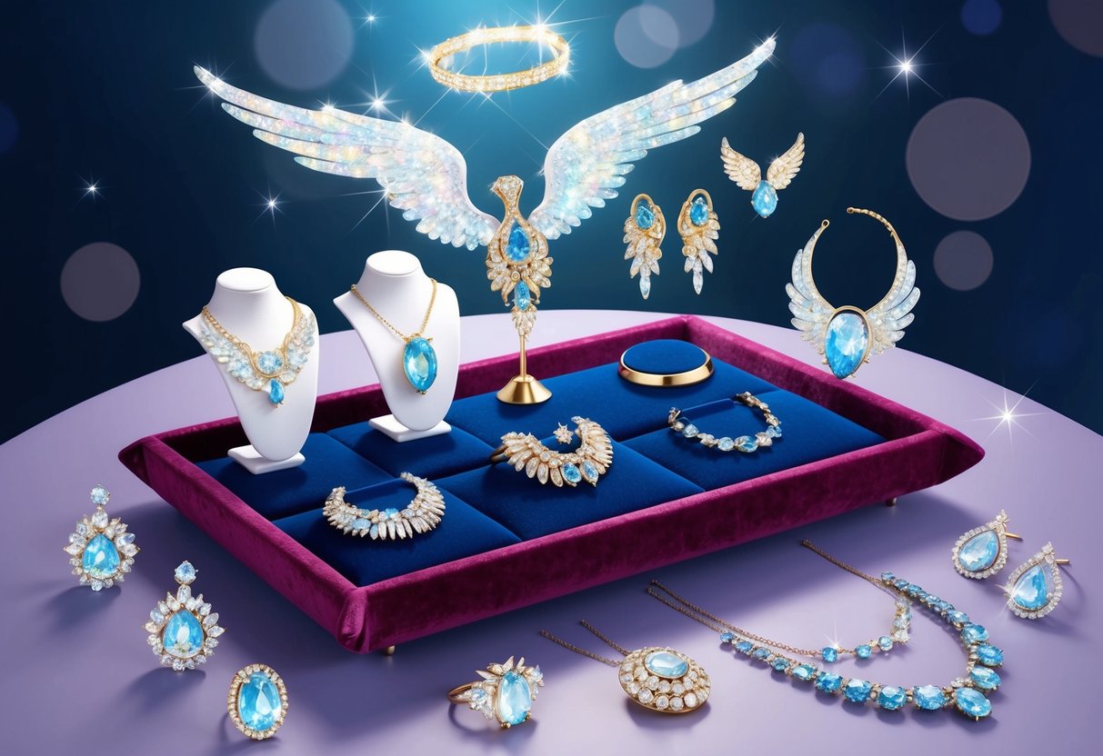 A sparkling array of celestial-themed jewelry displayed on a velvet-lined tray, catching the light with shimmering angel wings and halo motifs