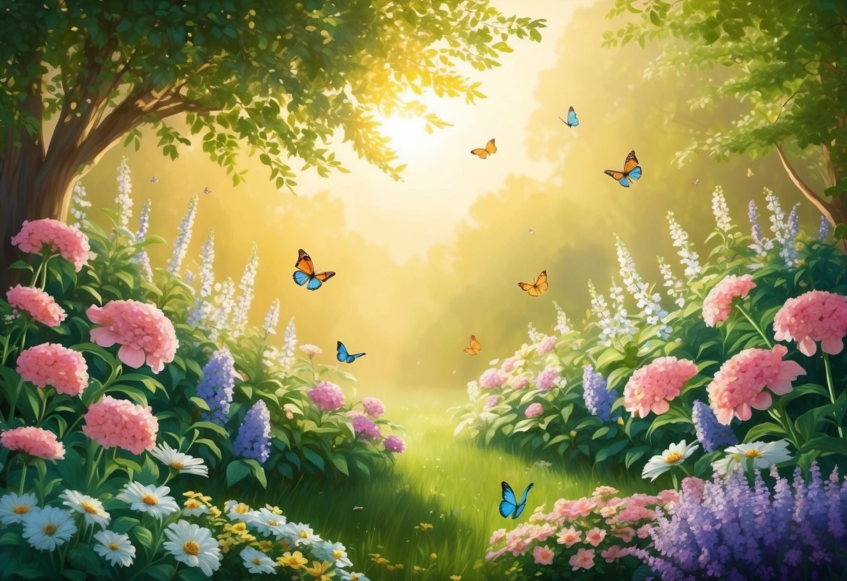 A serene garden with blooming flowers and butterflies, bathed in golden sunlight, with a sense of peace and contentment