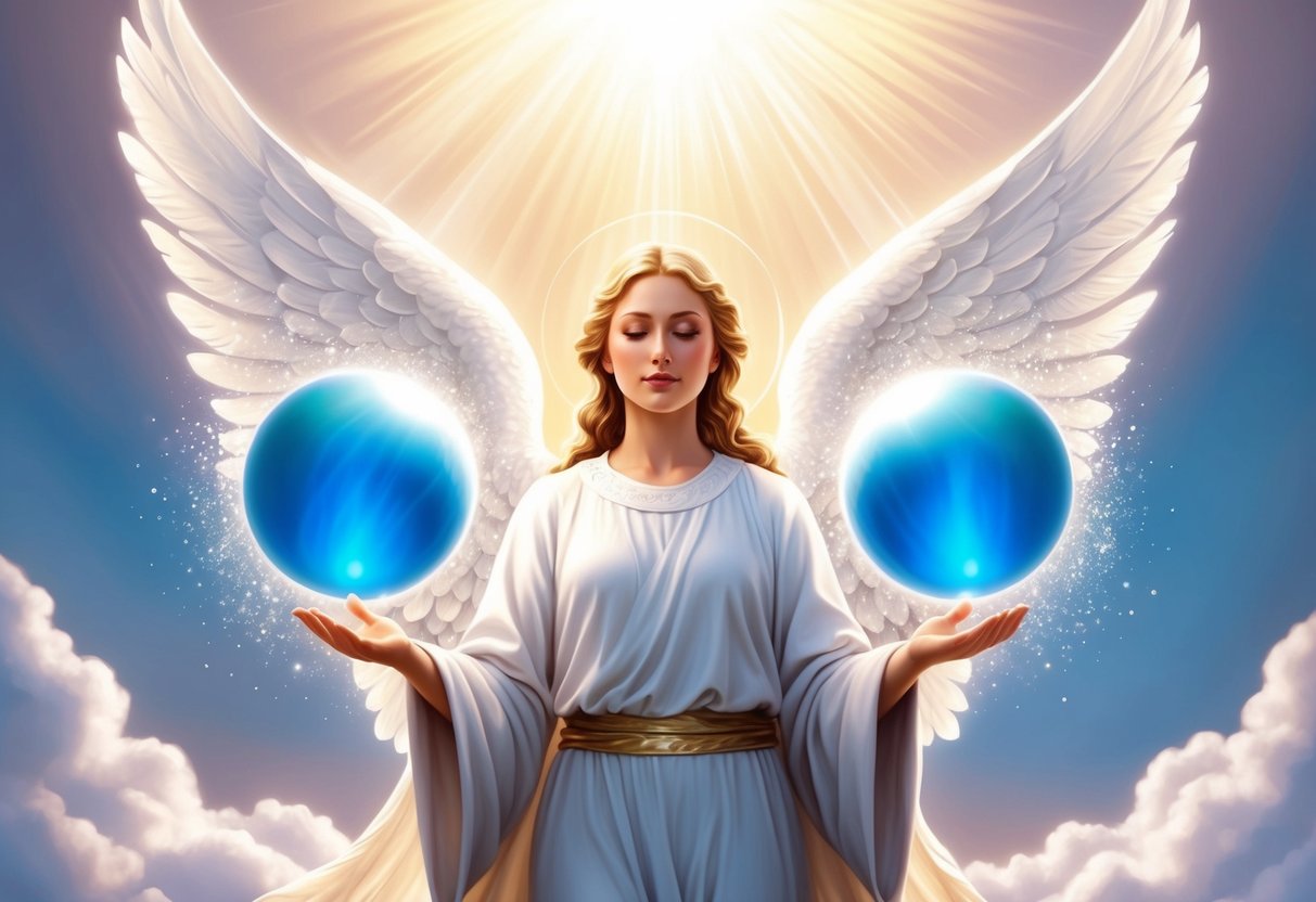 A serene angelic figure surrounded by two shimmering orbs, radiating a sense of inner wisdom and trust