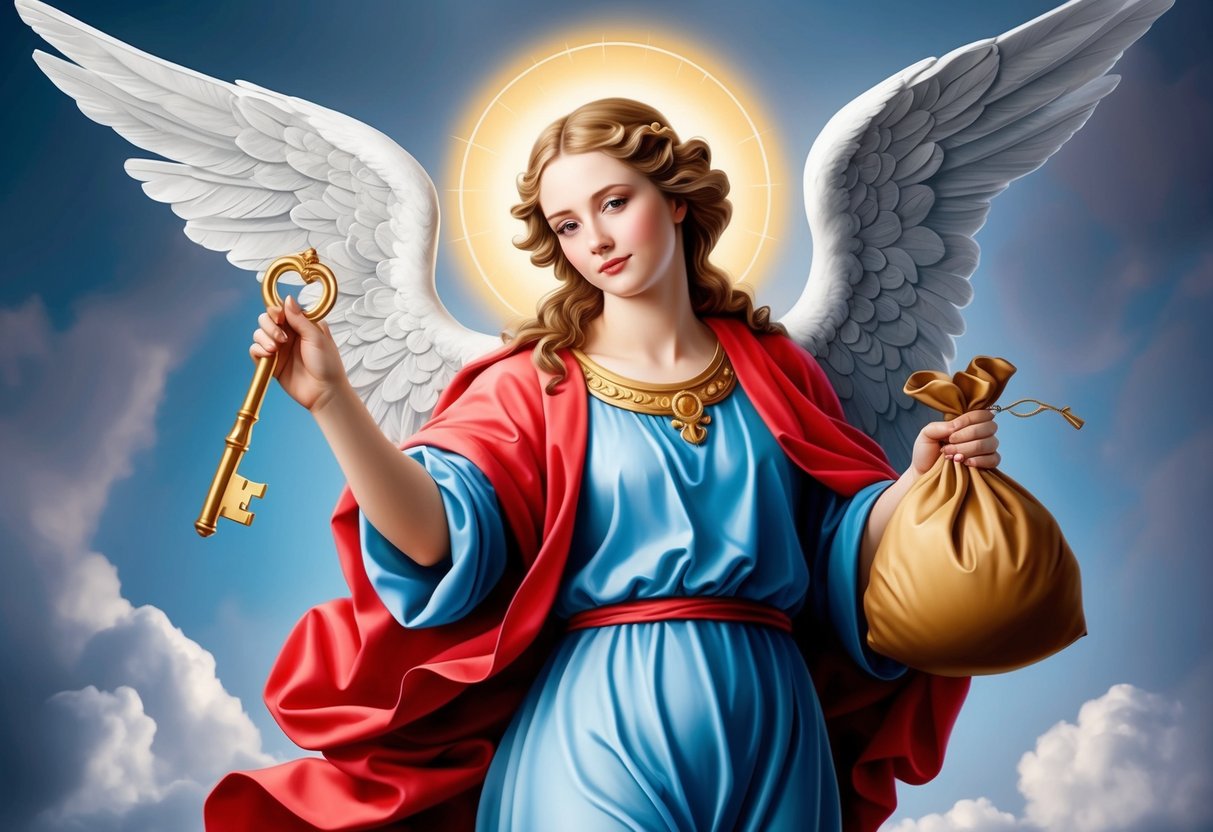 An elegant angel holding a golden key and a bag of coins, surrounded by a halo of light