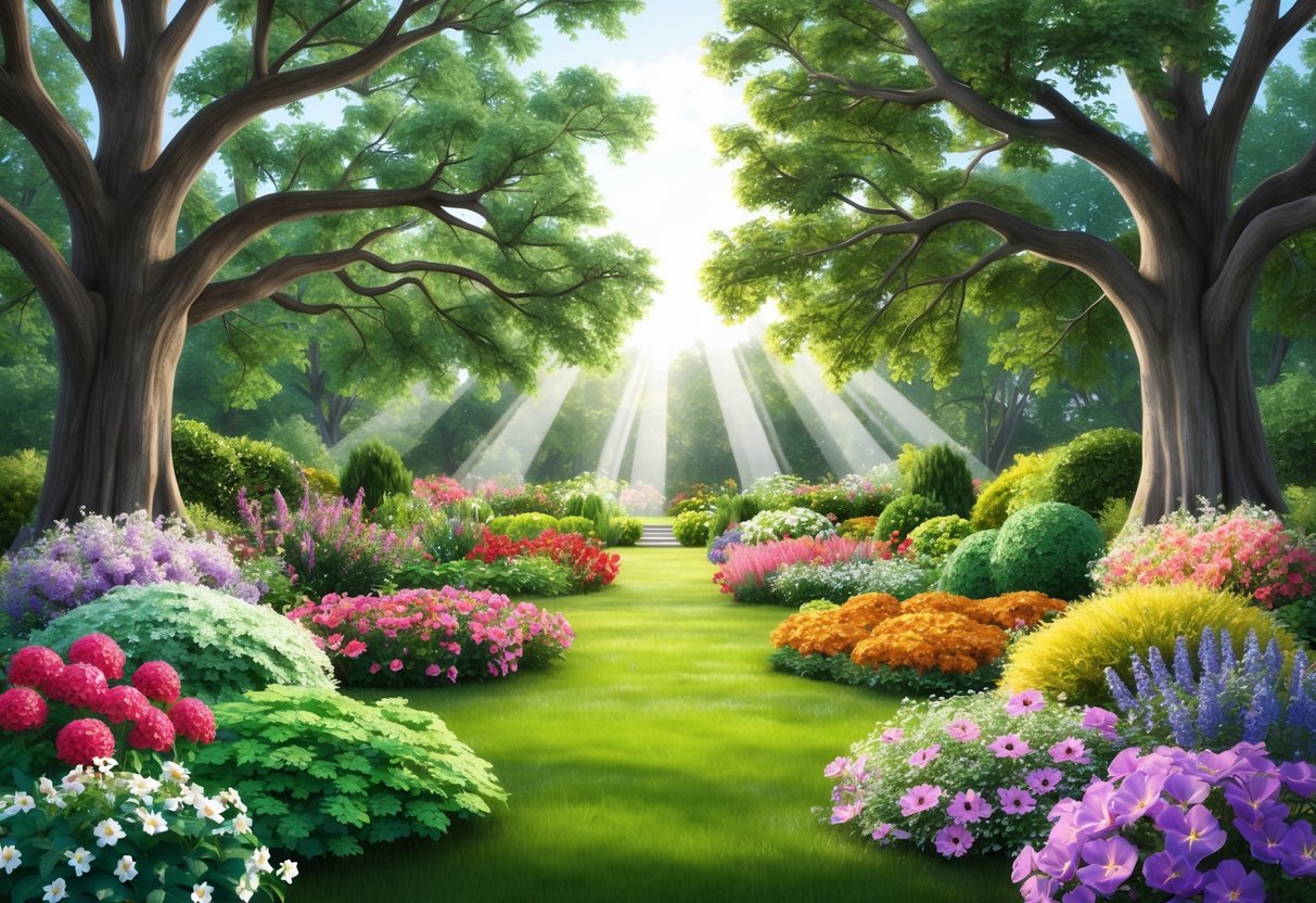 A lush garden with 23 different types of blooming flowers, surrounded by 2 majestic oak trees, with beams of sunlight breaking through the branches