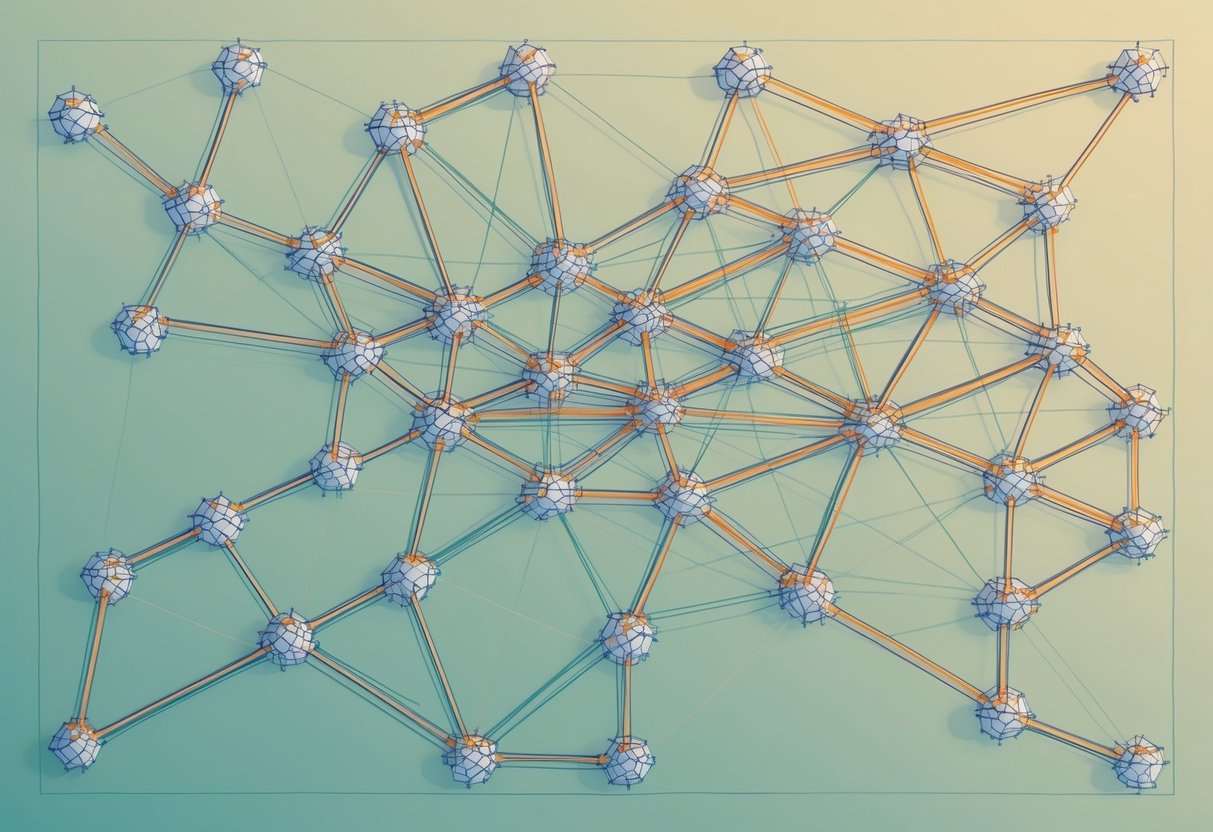 A network of 23 interconnected nodes, each with 2 branching connections, forming a complex web-like structure