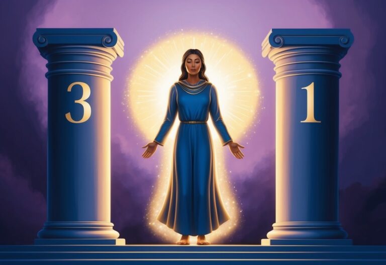 Woman in blue dress between pillars with numbers 3 and 1, glowing light