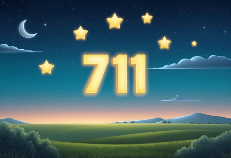 Glowing "711" in a night sky with stars, moon, and a landscape