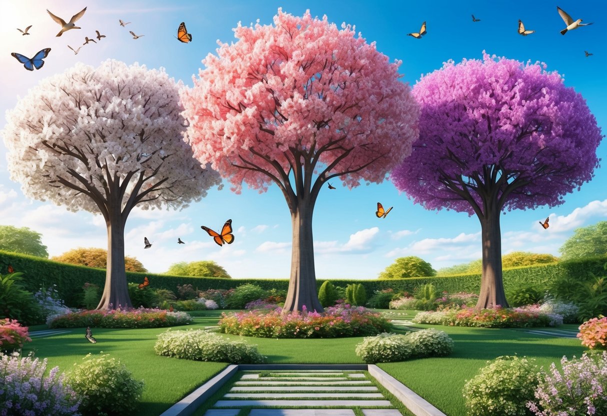 A radiant garden with three blooming trees reaching towards the sky, surrounded by butterflies and birds in flight