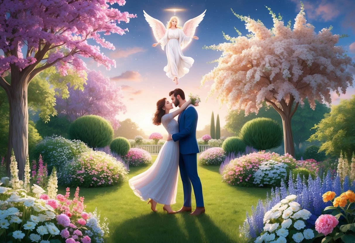 A serene garden with 333 blooming flowers, a couple in loving embrace, and a celestial figure watching over them