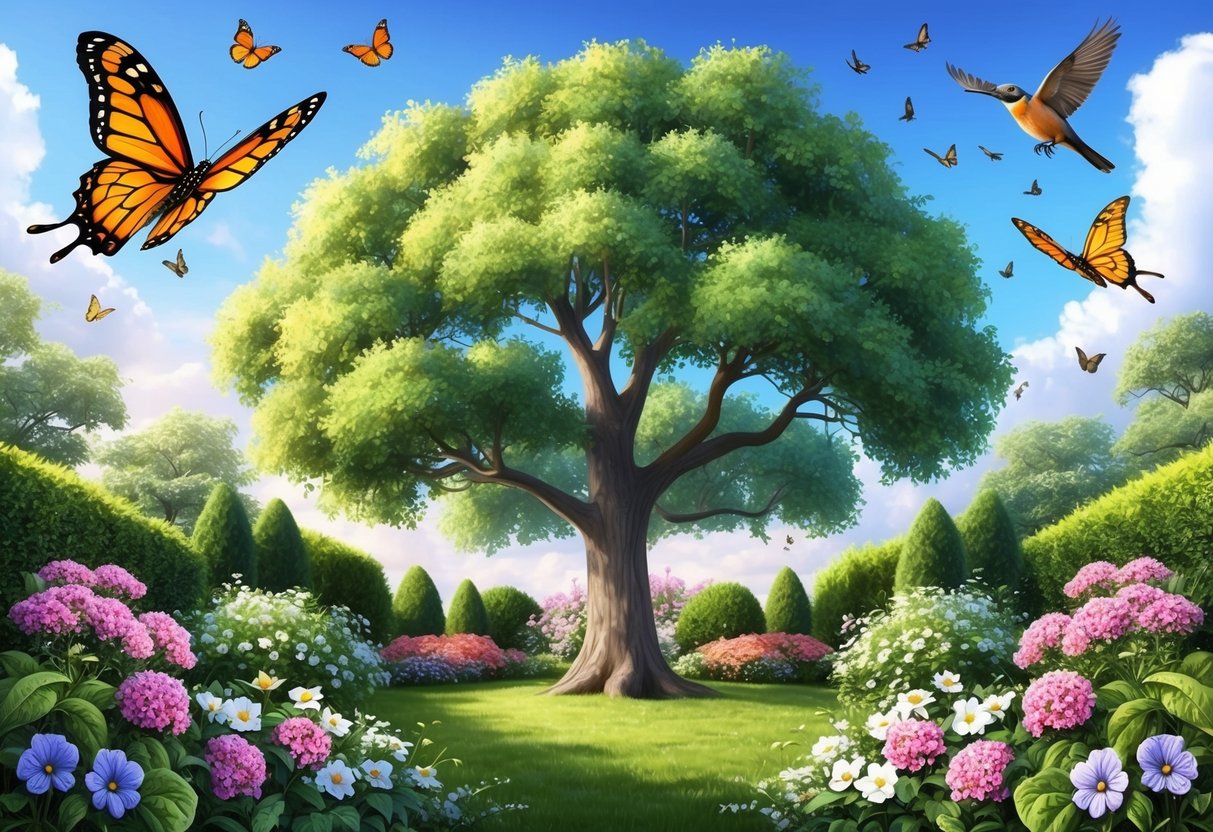 A lush garden with blooming flowers and a tree reaching towards the sky, surrounded by butterflies and birds in flight