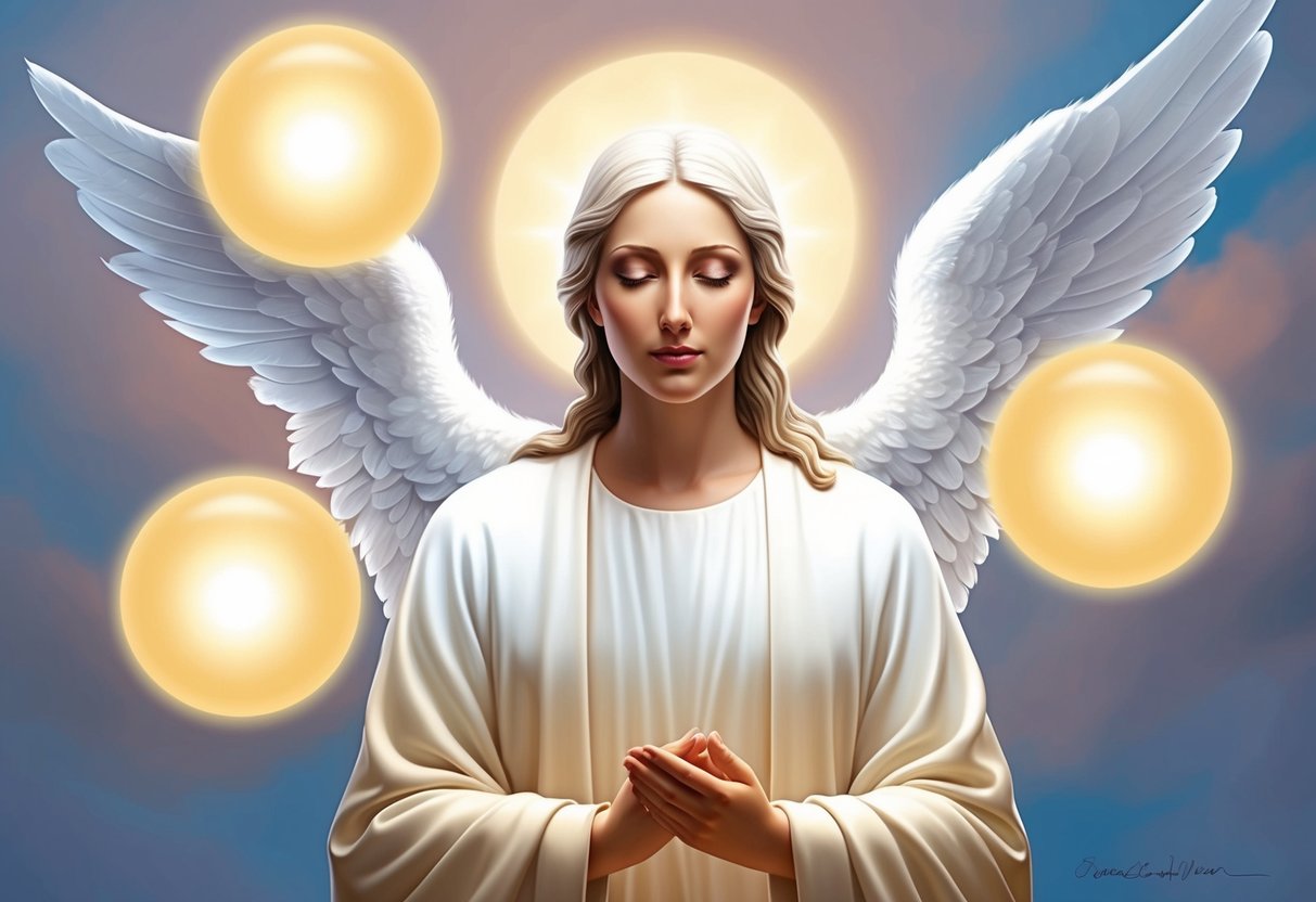 A serene figure bathed in soft light, surrounded by three glowing orbs, symbolizing angelic guidance and heavenly assistance