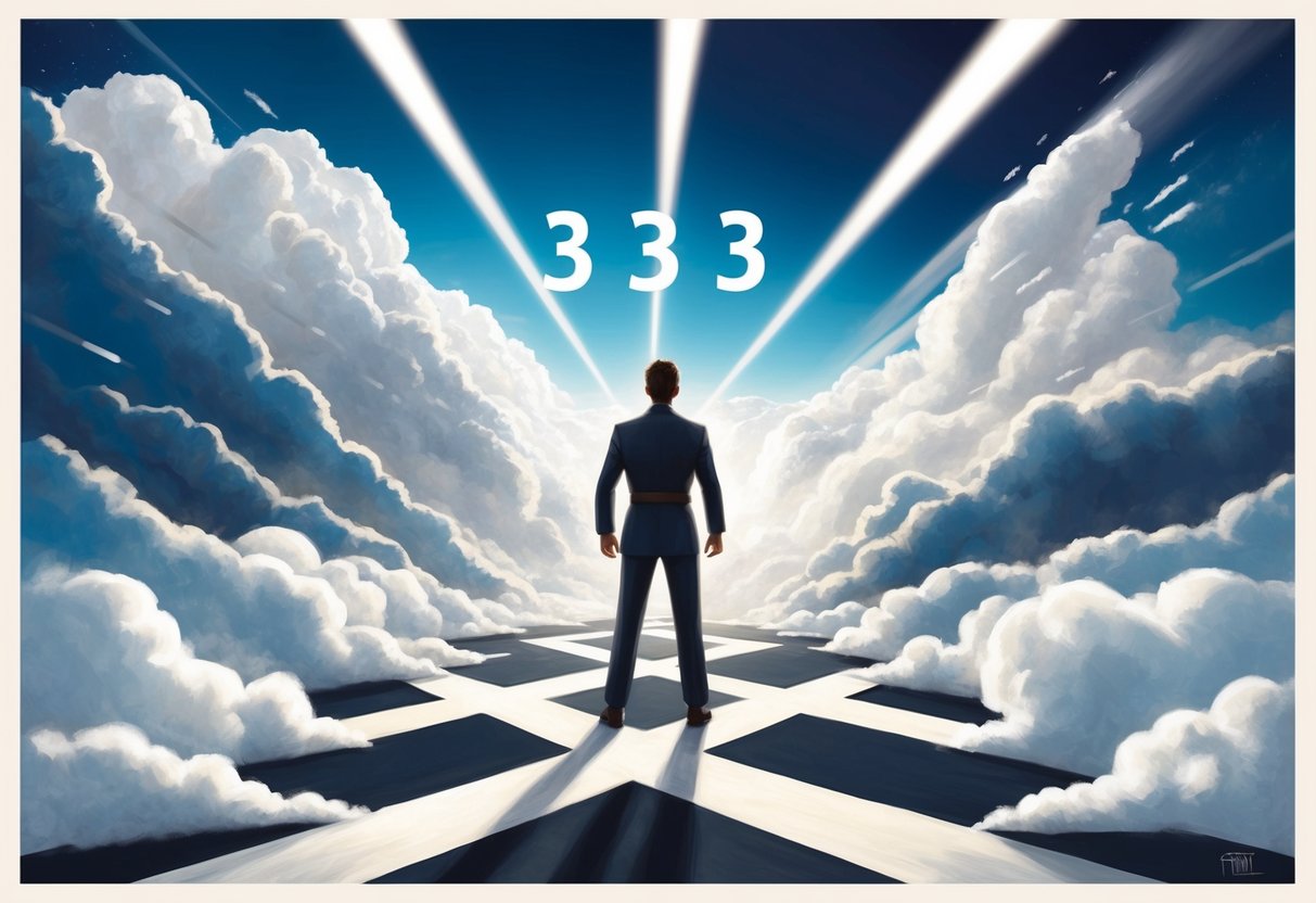 A figure stands at a crossroads, surrounded by swirling clouds and beams of light, with the number 333 appearing in the sky above