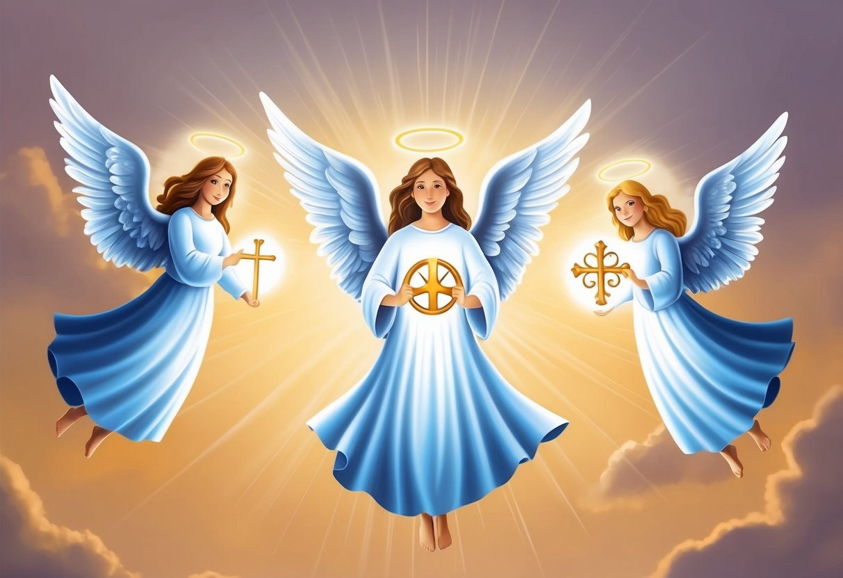 Three guardian angels hover above, radiating a soft glow.</p><p>Each angel holds a different symbol representing their protective and guiding role