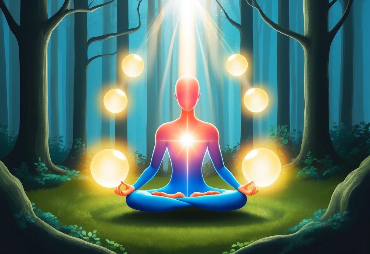 A figure meditating in a serene forest, surrounded by glowing orbs and beams of light, symbolizing spiritual awakening and intuition