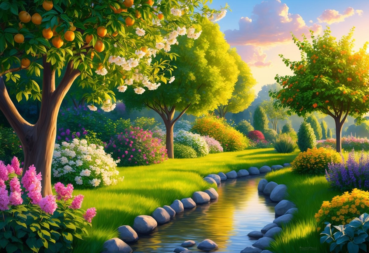 A lush garden with blooming flowers and fruitful trees, bathed in golden light.</p><p>A stream flows through, reflecting the abundance of nature