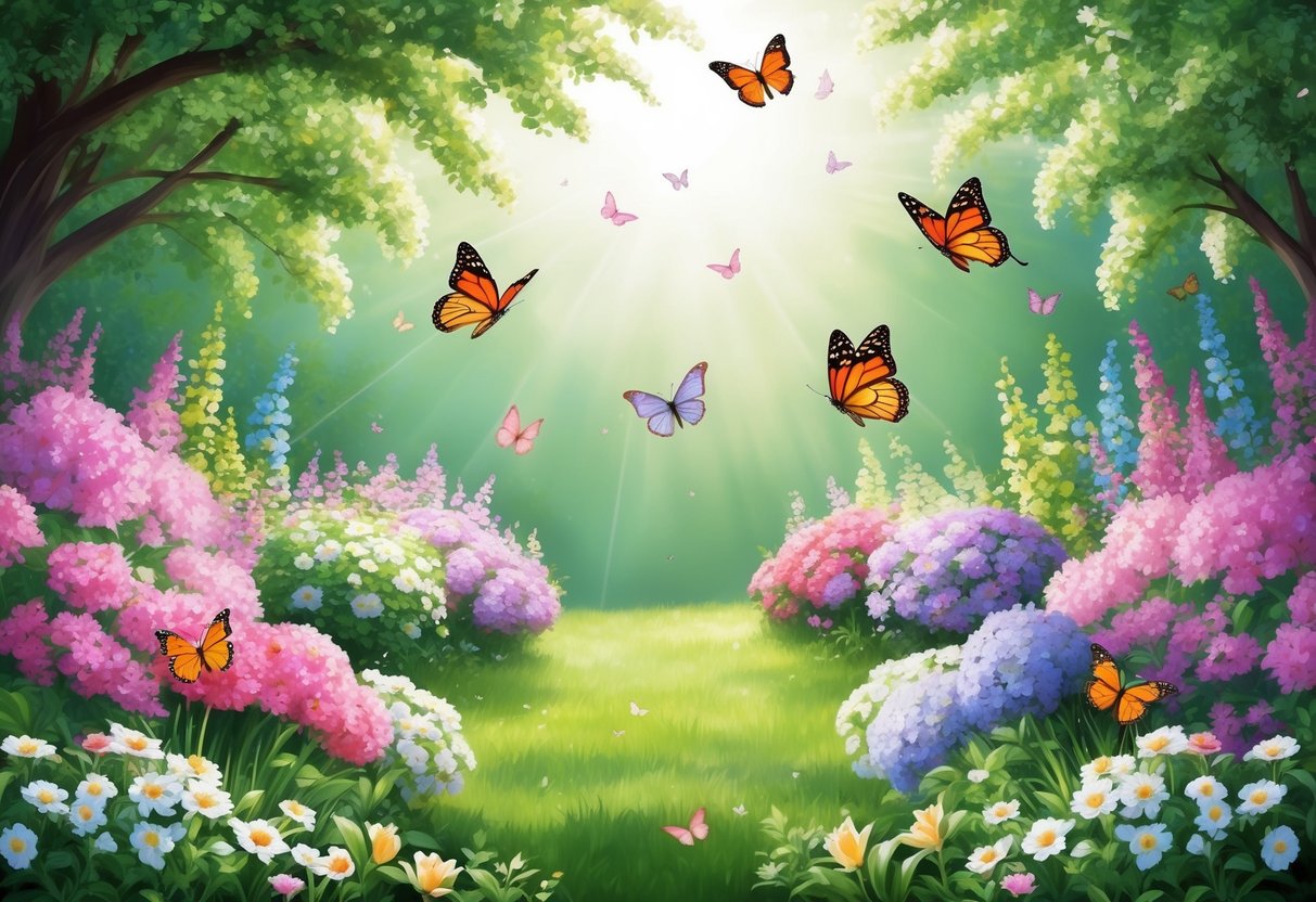 A serene garden with blooming flowers and butterflies fluttering around, radiating a sense of love and harmony