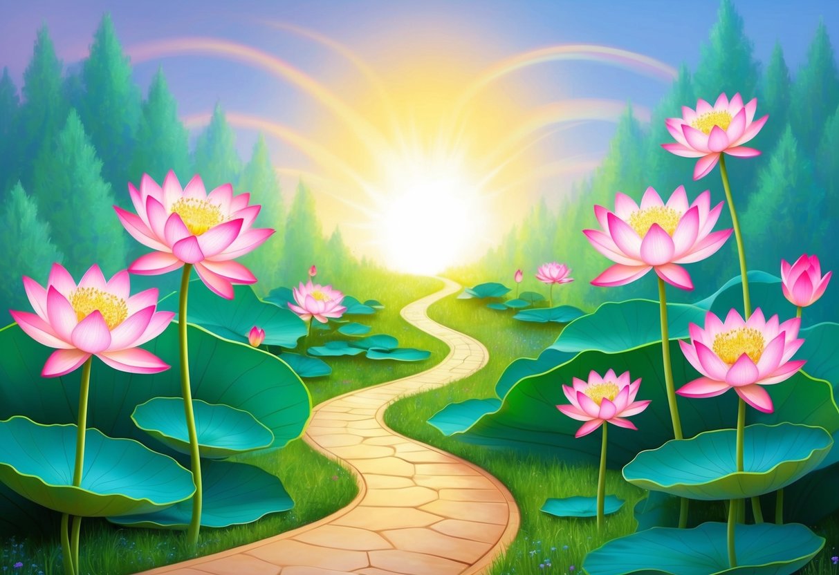 A serene garden with blooming lotus flowers and a winding path leading towards a glowing light, surrounded by peaceful, harmonious energy