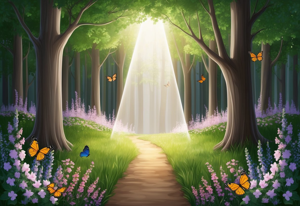 A serene forest clearing with a beam of light shining down on a path, surrounded by blooming flowers and butterflies