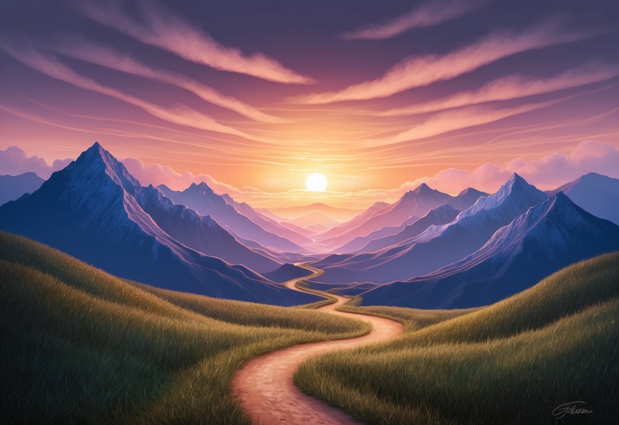 A sunrise over a mountain range, with a winding path leading to a new horizon