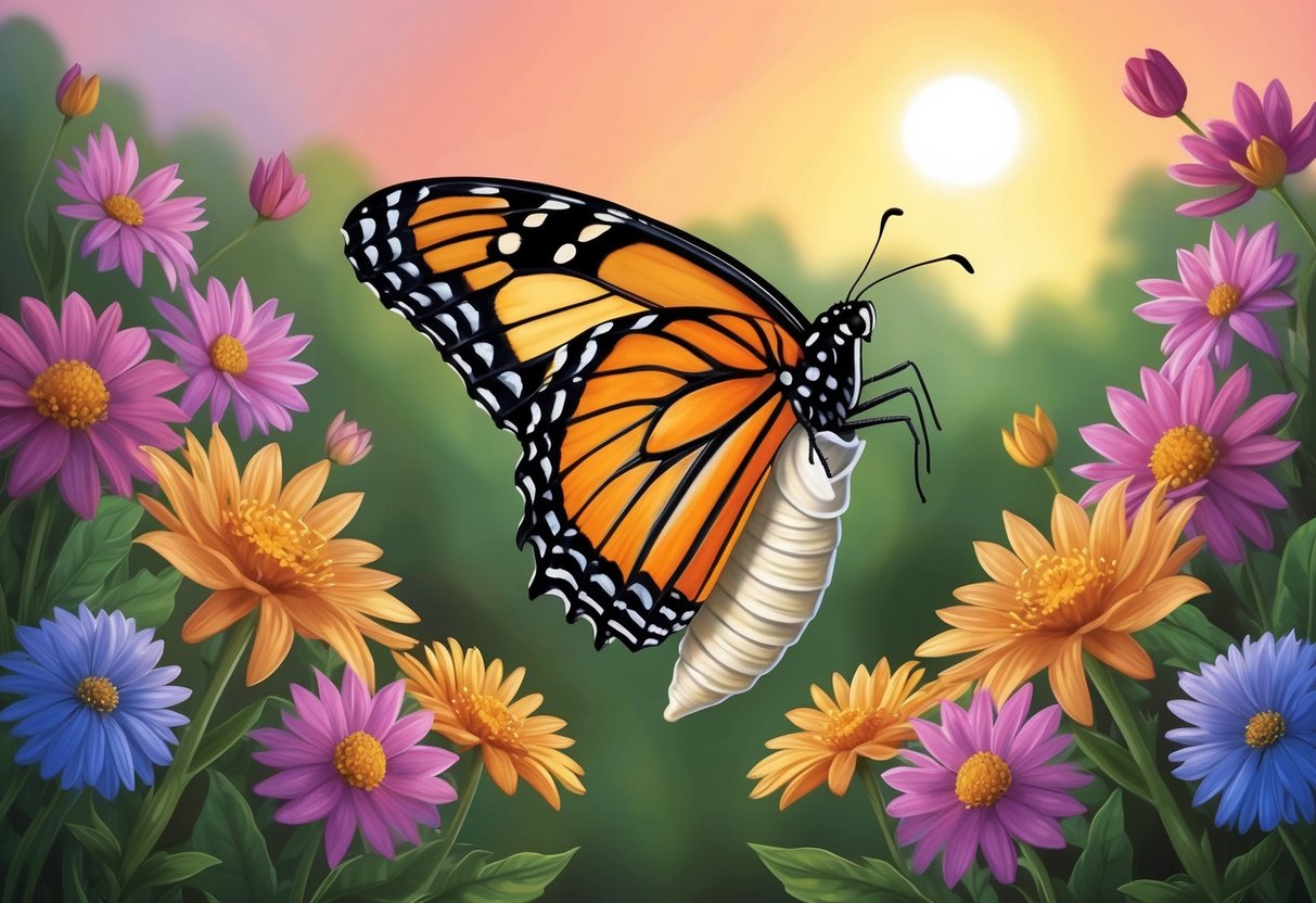 A butterfly emerging from a cocoon, surrounded by vibrant flowers and a glowing sunrise