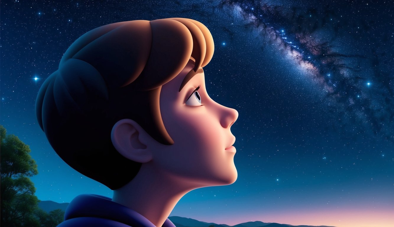 A figure gazes wistfully at a starry night sky, with a sense of longing and introspection