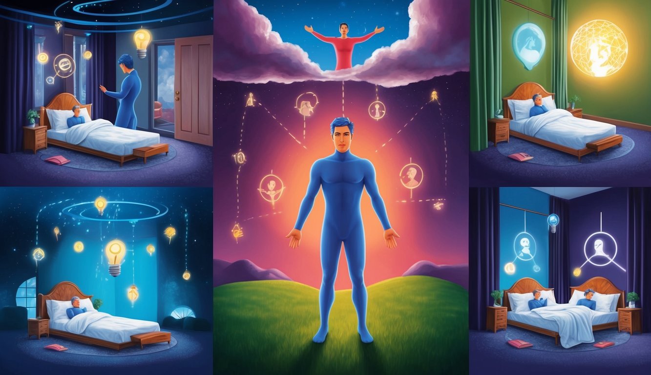 A figure repeatedly appears in various dream settings, surrounded by symbols of connection and familiarity