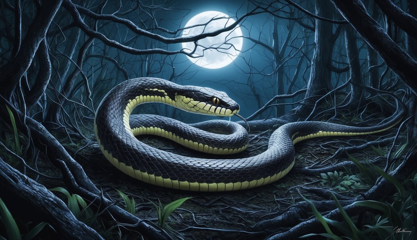 A snake slithers through a dark, tangled forest, its scales glistening in the moonlight as it moves with purpose and intensity