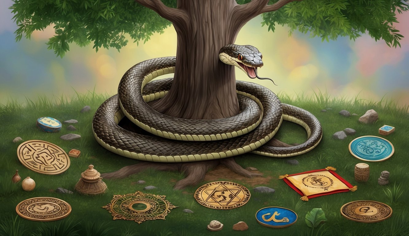 A snake coiled around a tree with various cultural and spiritual symbols scattered around the ground