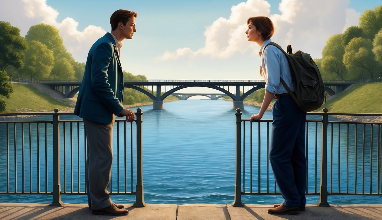 Two figures standing on opposite sides of a river, connected by a bridge.</p><p>One figure gazes longingly at the other across the water