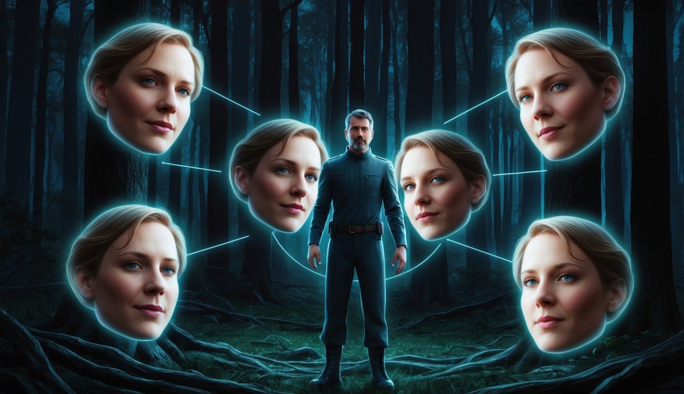 A figure standing in a dark forest, surrounded by a circle of glowing, floating images of the same person's face