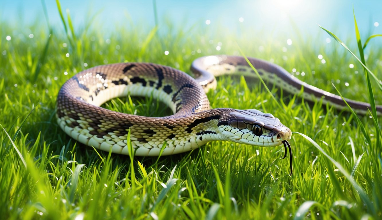 A snake slithers through a field of vibrant green grass, its scales glistening in the sunlight as it weaves through the underbrush