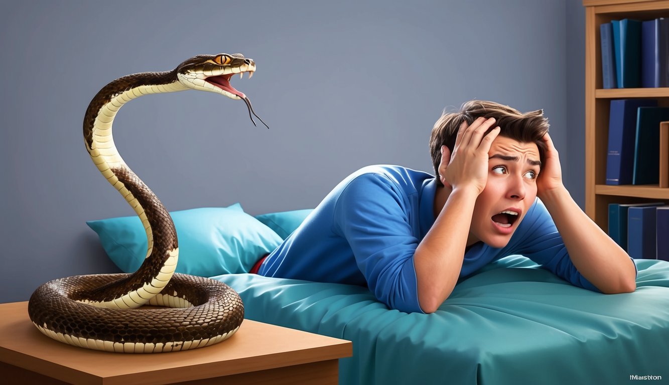 A person recoils in fear as a snake slithers towards them in a dream.</p><p>Sweat beads on their forehead as they struggle with feelings of anxiety and unease