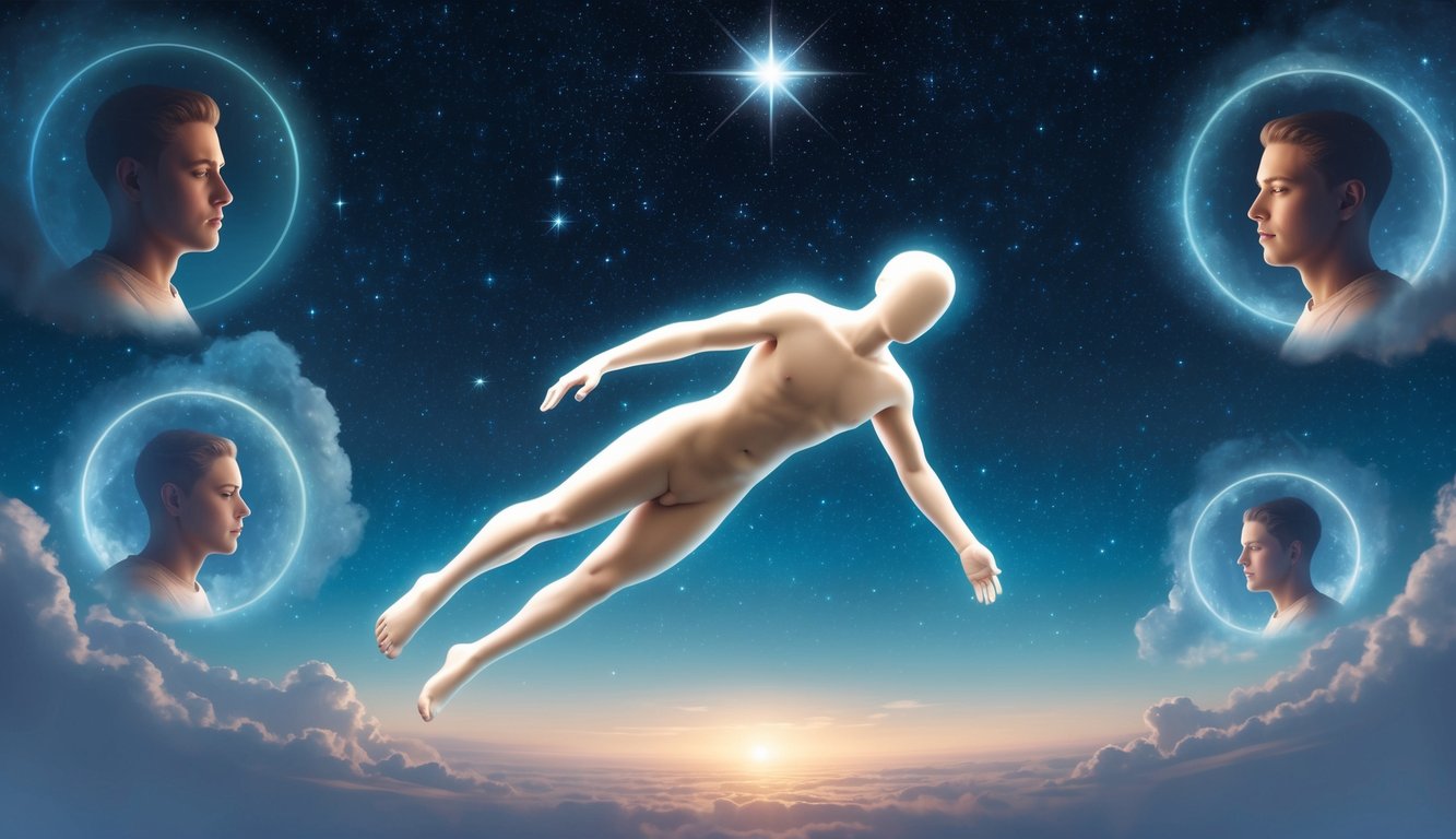 A figure floating in a serene, star-filled sky, surrounded by dreamlike symbols and images of the recurring person