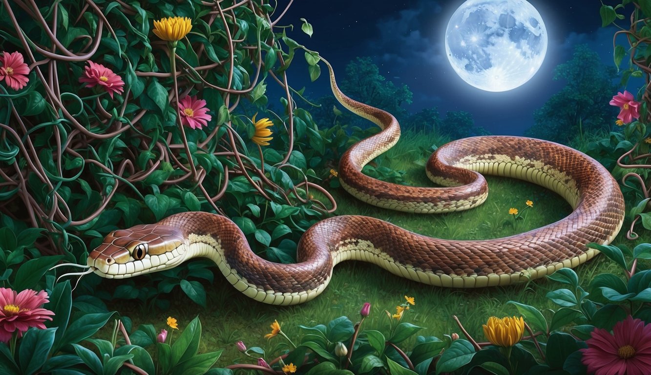 A snake slithers through a garden of tangled vines and flowers, its scales shimmering in the moonlight