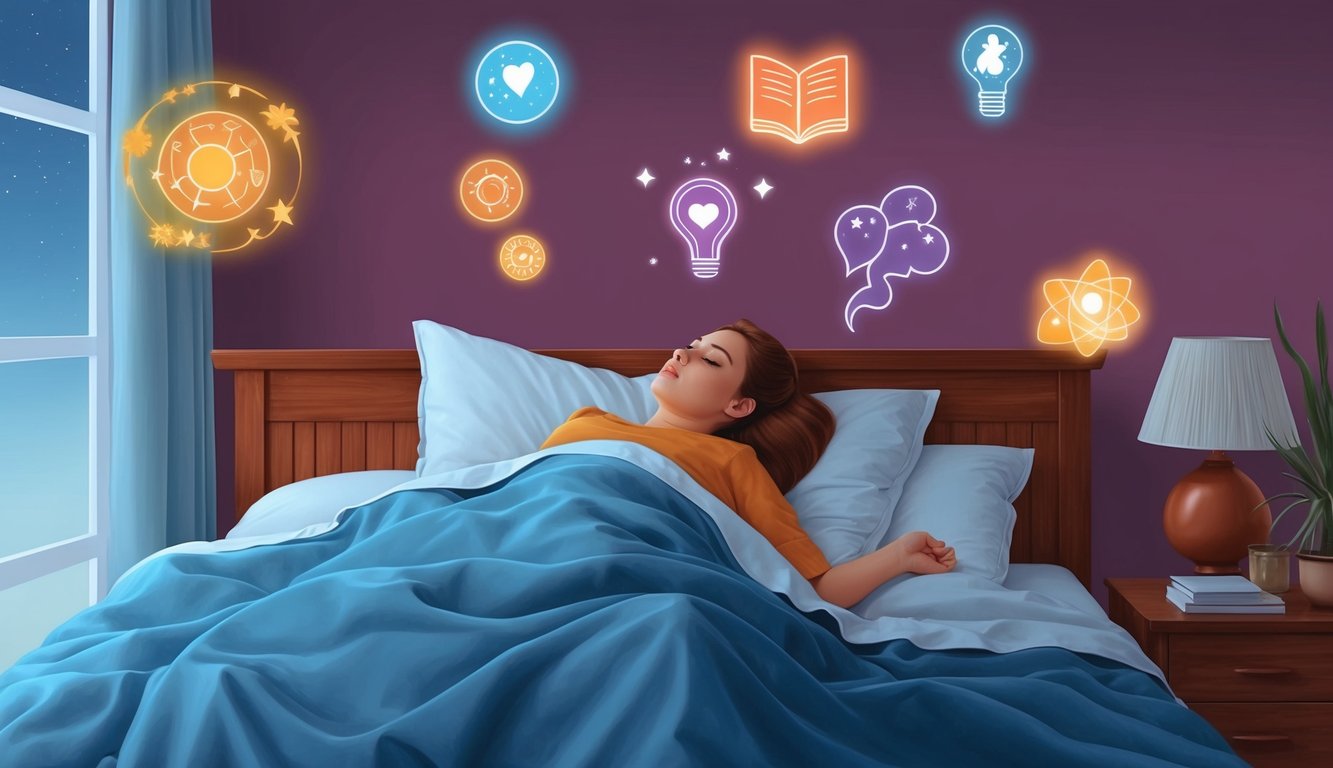 A person lying in bed with various dream symbols floating above their head