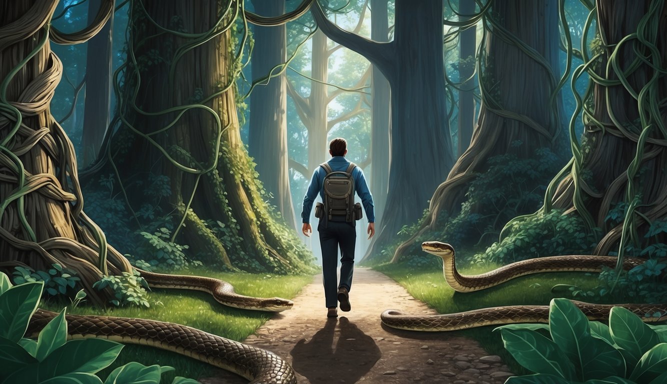 A figure walks through a dense forest, surrounded by towering trees and tangled vines.</p><p>A snake slithers across the path, its scales glistening in the dappled sunlight