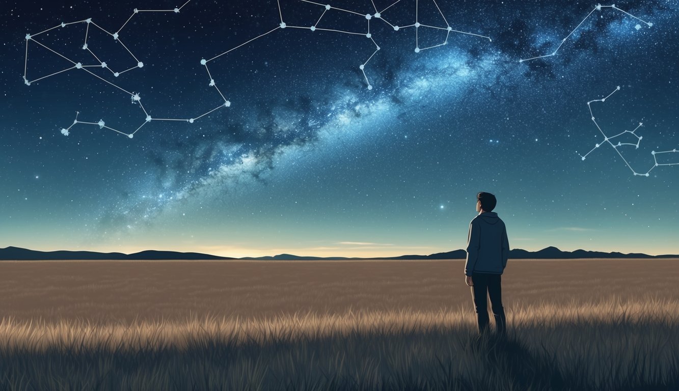 A lone figure standing at the edge of a vast, open field, gazing up at a sky filled with stars and constellations